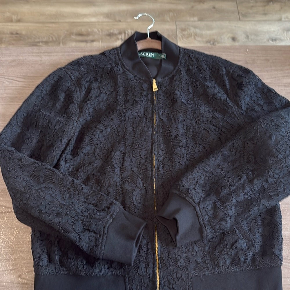 Ralph Lauren Black Lace Bomber Jacket with Ribbed Cuffs L
